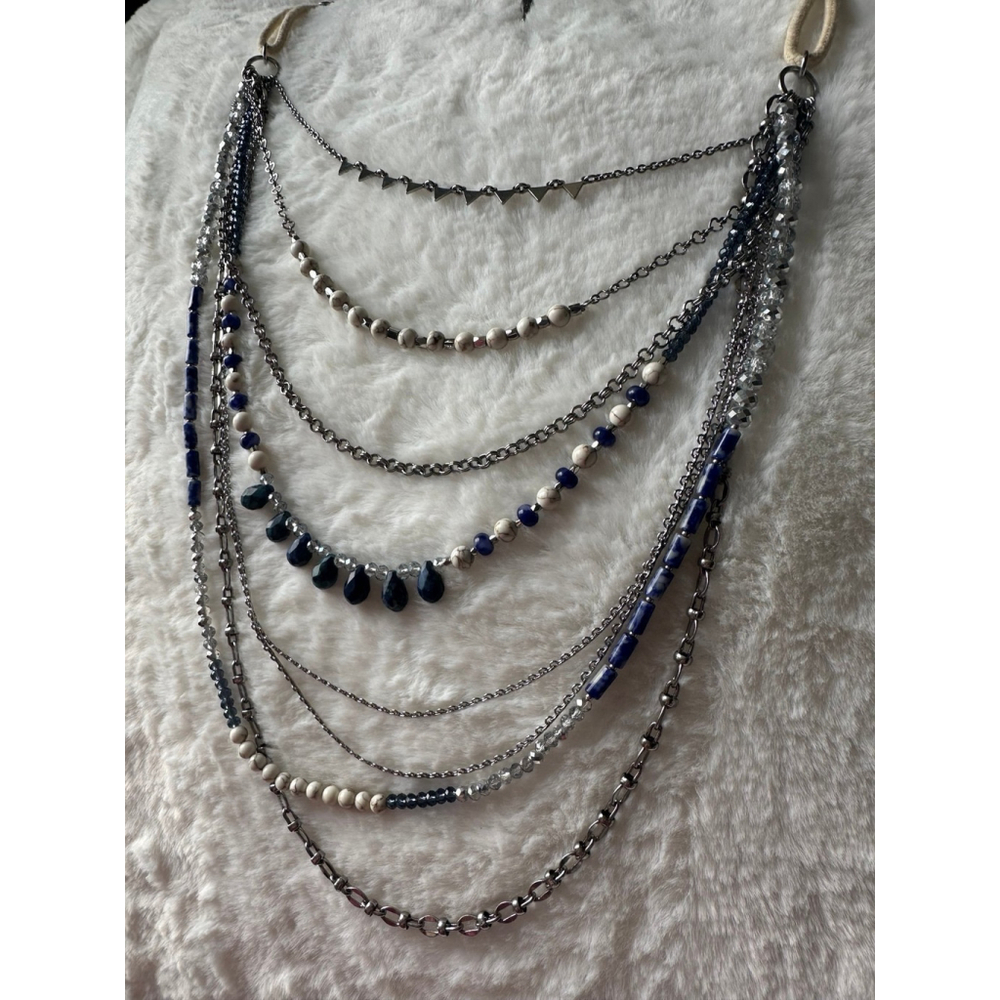“La Plage” Semi-Precious Multi Strand Statement Necklace- Royal Blue/Silver